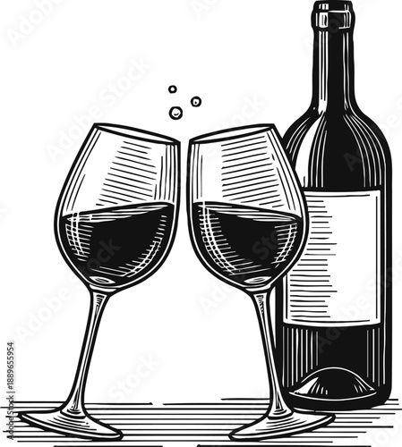 Red wine bottle and two glasses clinking for celebration, toast and party enjoy, alcohol beverage