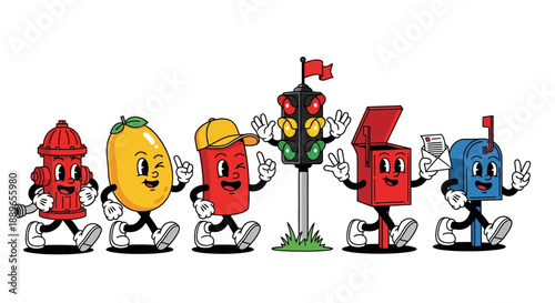 Cartoon characters run towards a traffic light on a sunny day with excitement