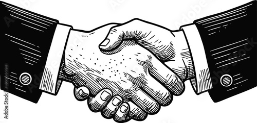 Vintage black and white handshake illustration, business agreement and partnership symbol