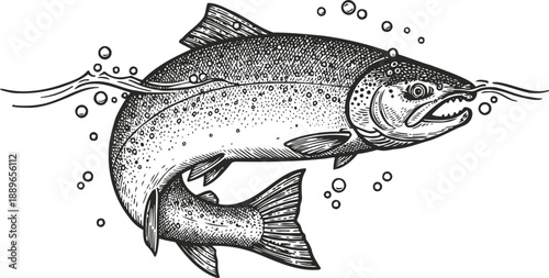 Detailed hand drawn salmon fish sketch underwater with bubbles and water surface lines