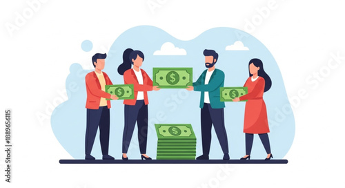 People holding money bills and stacks of cash.