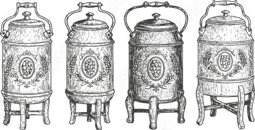 Vintage wooden barrels with metal hoops on stands hand drawn illustration of rustic containers with ornate floral and hop decorations