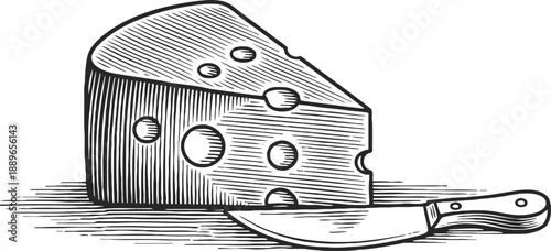 hand drawn cheese wedge with holes and kitchen knife on flat surface sketch