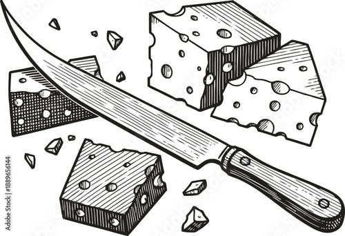 Knife with various cheese pieces vintage hand drawn illustration of cutting cheese slices and crumbs