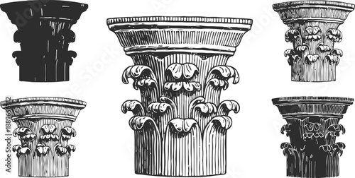 Classical corinthian column capitals ornate ancient greek and roman architectural decorative elements detailed engraving set