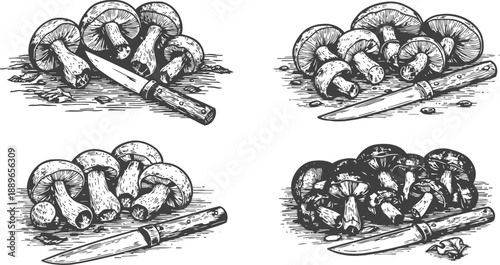 Hand drawn mushrooms with knife set fresh forest mushrooms sliced and whole, rustic natural food illustration