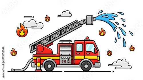 Fire truck spraying water on flames with ladder extended in cartoon style