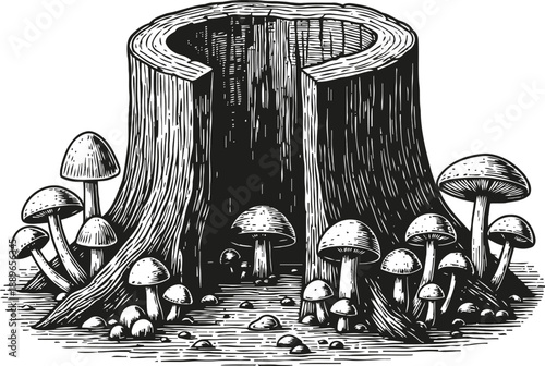 Vintage hand drawn tree stump with mushrooms growing around and inside forest fungi nature illustration
