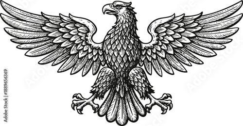 Intricate vintage eagle emblem with outstretched wings detailed feathers and fierce expression