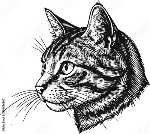 Detailed cat head illustration in black and white, side profile drawing of domestic feline pet