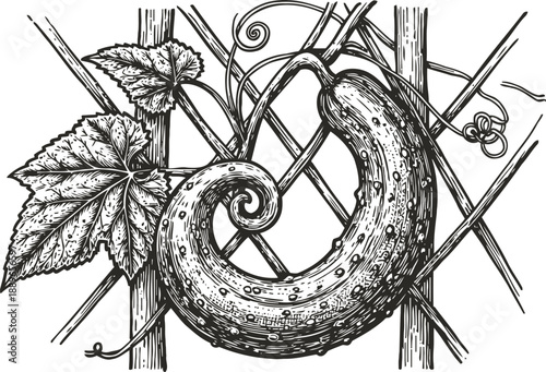 Curved cucumber vine with large leaves climbing on wooden trellis in detailed engraving