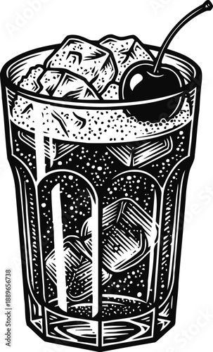Classic cocktail glass with ice cubes and a cherry garnish illustration