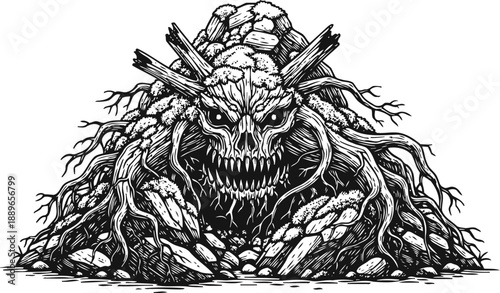 Dark monstrous creature formed from roots and stones with a sinister skull face and glowing eyes