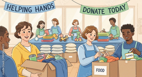 People donating items at a charity event helping hands.