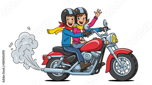 Couple riding red motorcycle waving happy on open road with helmets