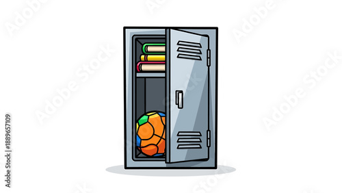 Open school locker with books and sports equipment inside isolated on white background