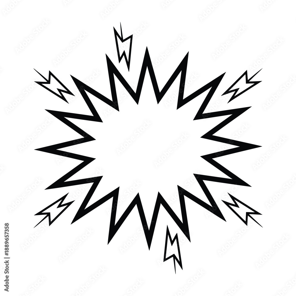 Fototapeta premium Black starburst shape with jagged edges and radiating spikes isolated on white