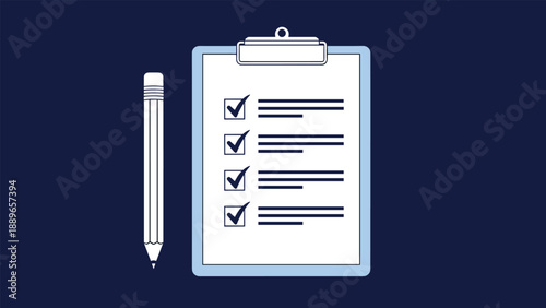 Clipboard containing a checklist with several checkmarks and a pencil lying next to it on a dark blue background for task management.