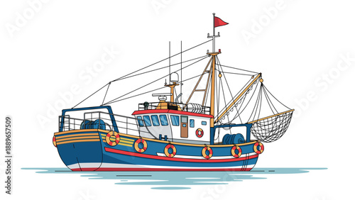 Detailed illustration of a commercial fishing trawler boat on the ocean featuring nets, life rings, and a red flag on the mast.