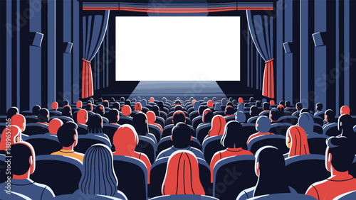 Wide view of a movie theater audience sitting in dark rows and watching a large blank white screen with the lights dimmed.