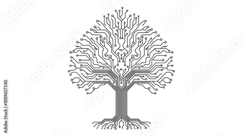 Digital concept illustration of a symmetrical tree growing from electronic circuit board traces to represent green technology growth.