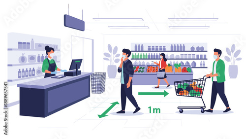 Shoppers and cashier wearing protective face masks inside a supermarket while following social distancing guidelines with floor markers.