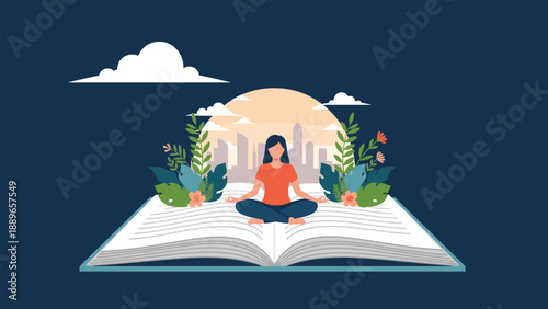 Young woman practicing meditation in lotus pose on top of an open book with city buildings and plants in a peaceful mental health scene.