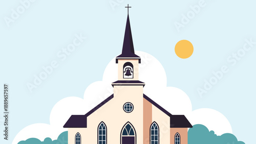 Serene illustration of a traditional white church building with a bell tower under a bright yellow sun and blue sky for religious themes.