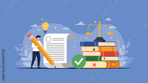 Professional character holding a large pencil while standing next to a legal document and a stack of books topped with scales of justice.