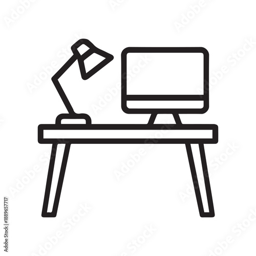 Work Desk with Computer and Lamp Line Icon Vector On White background 