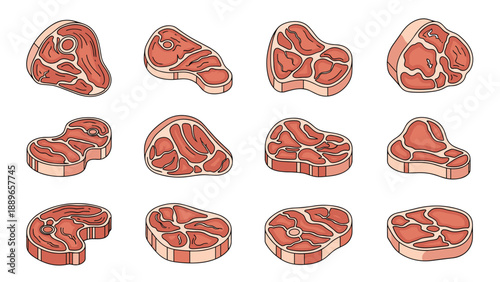 Collection of different cuts of fresh raw beef steaks including ribeye sirloin and bone-in portions arranged on a white background.