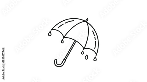 Minimalist black and white line art illustration of an open umbrella with raindrops falling from the edges on a plain white background.