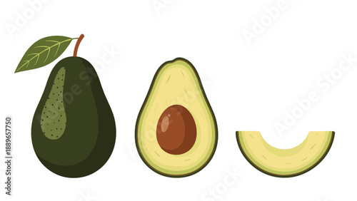 Fresh green avocado shown as a whole fruit with a leaf a sliced half revealing the large brown pit and a separate curved slice.