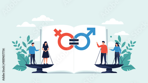 Group of people standing on balanced scales with gender symbols and an equal sign in a book representing social justice and equality.