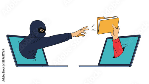 Digital hacker or thief wearing a balaclava reaching through a laptop screen to steal a folder from a hand in another computer.