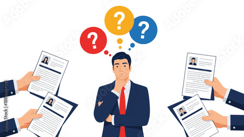 Concerned businessman in a suit standing with question marks above his head while being presented with many candidate resumes.