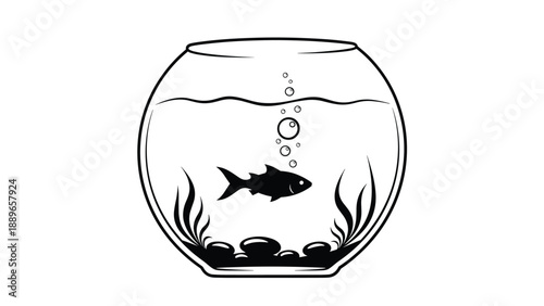 Lone black goldfish swimming in a circular glass fishbowl with green aquatic plants and rising bubbles against a plain background.