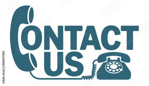 A blue graphic depicting a telephone handset and the words contact us