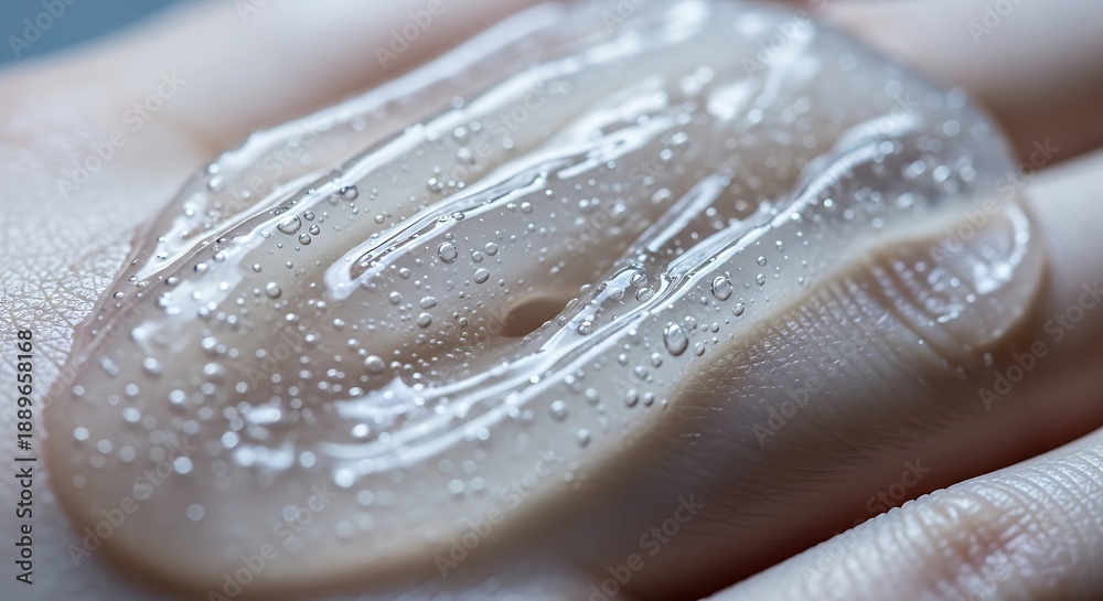 Fototapeta premium Macro of clear gel with tiny bubbles on a person's hand, skincare texture
