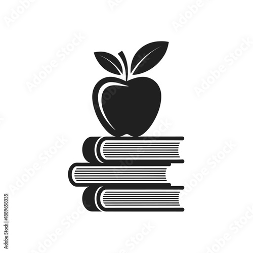 A stylized black apple rests atop a stack of books symbolizing education