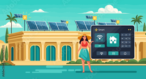 Woman Interacting with Smart Home Control Panel for Energy Management.