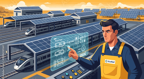 Engineer operating a futuristic control panel for solarpowered train system.