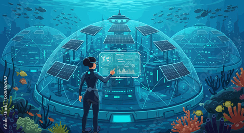 Diver interacting with advanced underwater research station technology.