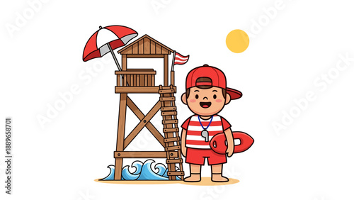 Little boy in red lifeguard outfit standing by beach tower with surfboard