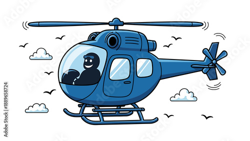 Blue helicopter with smiling pilot flying through clouds and birds in the sky