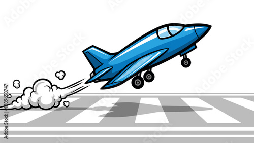 Blue cartoon jet airplane taking off from runway with smoke trail and white background