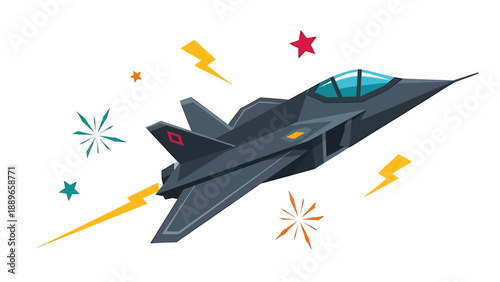 Military fighter jet flying with explosion and lightning effects around it in the air