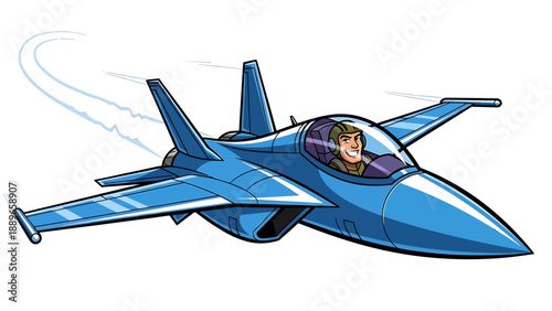 Cartoon blue fighter jet flying fast with pilot wearing helmet and goggles in cockpit
