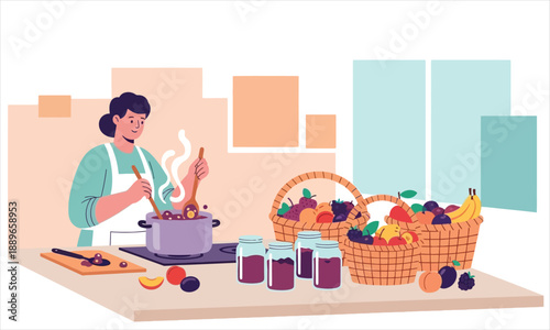 Homemade Jam Cooking Flat Illustration