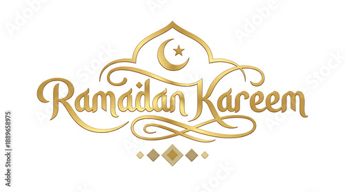Golden Ramadan Kareem Calligraphy with Crescent Moon and Star.